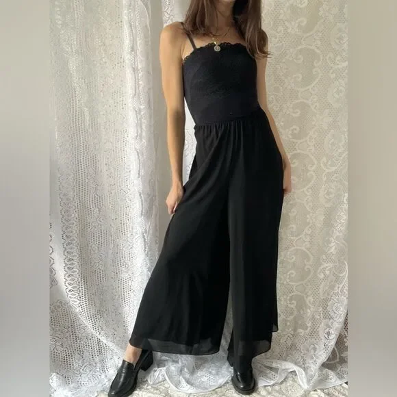 Vintage 90s/Y2K Black Chiffon Wide Leg Pants Minimalist Flowy Dressy - Picture 7 of 12